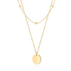 ネックレス レディース 安い ゴールド メッキ 円型 2連チェーン ロング コインネックレスペンダント 鎖骨チェーン チタン製ネックレス