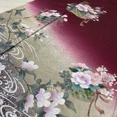 付下げ 裄67.5 箔 花籠 流水に花模様 着物 正絹 X-10491