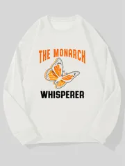 ユニセックス オーバーサイズトレーナー THE MONARCH WHISPERER オオカバマダラ 蝶々イラスト カラープリント ビッグシルエット カジュアルトップス 春秋服 ホワイト 蝶好き アウトドア