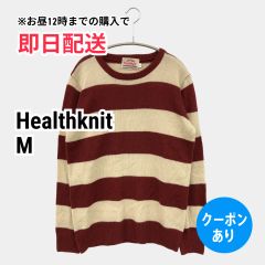 Healthknit ヘルスニット ニット/セーター M レッド ニット ボーダー柄 ミドル丈 長袖 クルーネック(丸首) メンズ