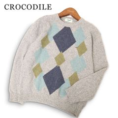 CROCODILE クロコダイル 秋冬★ ウール100% ダイヤ柄 ロゴ刺繍 セーター ニット 日本製 Sz.L メンズ 灰 グレー