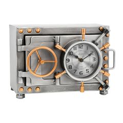 Benny's(ベニーズ) ブリキ製 オブジェ インテリア雑貨 時計 付き アナログ ビッグスケール 24cm×17cm×高さ17.5cm 金庫デザイン ボトルロック おしゃれ アンティーク シルバー BC-011