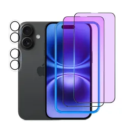 【ブルーライトカット 】 iPhone16 用 ガラスフィルム 【2枚】+カメラフィルム 【2枚】【ガイド枠付き】 液晶保護 フィルム ブルーライト 強化ガラス(6.1インチ) 全面保護 【硬度9H/指紋防止/気泡ゼロ/飛散防止/貼り付け簡単】