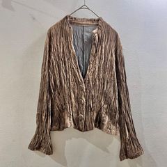 Vintage 90s ヴィンテージ ベロア カーディガン ノーカラー ゴールドブラウン くるみボタン シワ加工 モード 古着 vintage 希少 レア I527 @