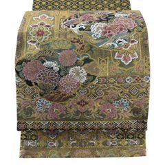 袋帯 秀品 鳳凰 草花 箔 唐織 茶緑色 六通 正絹 【中古】