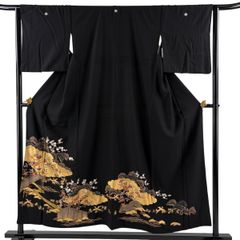 黒留袖 身丈153.5cm 裄丈63cm S 袷 橘 雲文 金糸 金彩 黒 正絹 優品 【中古】