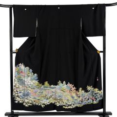 黒留袖 身丈156cm 裄丈65.5cm M 袷 清水寺 落款 建物 草花 黒 正絹 秀品 【中古】