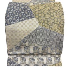 袋帯 名品 リバーシブル やまと 花唐草 寄せ柄 箔 ベージュ 六通 正絹 【中古】