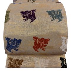 【美品】 袋帯 名品 鳳凰 霞 唐織 金糸 ベージュ 六通 正絹 【中古】