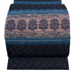 【美品】 袋帯 名品 草花 段縞 藍色 六通 正絹 【中古】