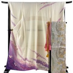 振袖 身丈164cm 裄丈68cm L 袷 袋帯フルセット やまと 桜 流水 金彩 ぼかし クリーム 正絹 秀品 【中古】