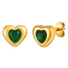 グリーン 0.9cm*1cm ピアス(両耳用) ピアス レディース ステンレス ハート ジルコニア ゴールドカラー 立体的なハートフォルムが耳元を優しく彩るエレガントアクセサリー