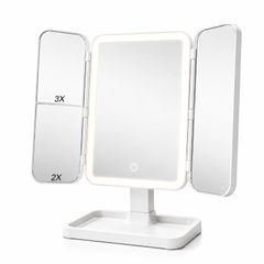 ☆新品☆Signstek 女優ミラー 三面鏡 LED ライト付き 卓上鏡 明るさ調節 化粧 メイクアップ 折りたたみ式 拡大鏡 2/3倍 角度調整 白い 1800mAh大容量 明るさ調節可能 180°回転 角度調整 折りたたみ式 卓上ミラー 収納スペース付き 