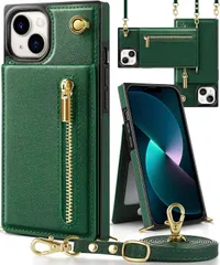 ストラップ付き 肩掛け 携帯ケース 長さ調整可能 アイフォン13 財布型 人気 小銭入れ スマホケース 背面カード収納 カバー PUレザー いPhone13 ショルダー スタンド機能 手帳型 ケース 女性 用 13 グリーン iPhone