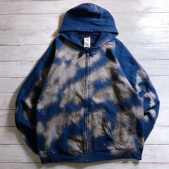 【一点物デザイン】00s Hanes ZIP UP HOODIE  ネイビー グレー ブリーチ加工 タイダイ柄 フルジップパーカー 古着 #26351