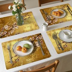 【4枚セット】  和モダン ランチョンマット 4枚セット 金色  花柄 テーブルマット おしゃれ 和風  ダイニングテーブル キッチン パーティー