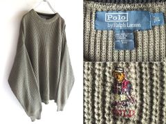 希少 90sビンテージ Polo by Ralph Lauren ラルフローレン ポロベア刺繍 ロゴ刺繍 畦編み 前V コットンニット セーター L カーキ USA企画