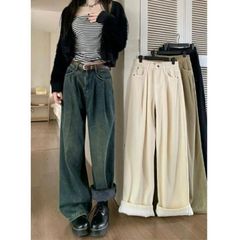 パンツ ワイドパンツ 裏起毛 ストレートパンツ レディース ロングパンツ 無地 ハイウエスト 長ズボン 万能 デニムパンツ 厚手 ボトムス シンプル カジュアル 着痩せ ルーズ 体型カバー ゆったり 秋 冬
