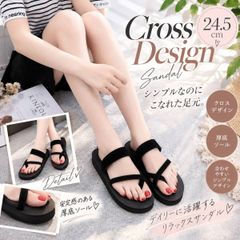 ビーチサンダル サンダル クロスデザイン 24.5㎝ フラット ブラック 軽量 歩きやすい フラットサンダル