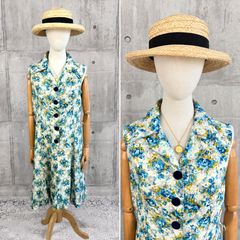 young t 花柄ワンピース ブルー 襟付き オープンカラー　ノースリーブ　レトロ古着 floral print vintage dress