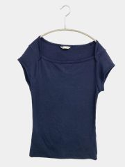 ZARA ザラ Tシャツ/カットソー USA L ネイビー 無地 ショート丈 半袖 スクエアネック レディース