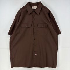 古着 ディッキーズ Dickies 半袖シャツ ワーク 胸ポケット 大きいサイズ 作業着 ワンポイント 2XL  ブラウン 無地 メンズ