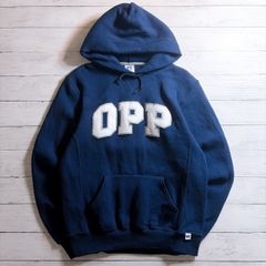 【人気ストリート】RUSSELL ATHLETIC HOODIE ラッセルアスレチック ネイビー 紺 OPP ビッグロゴ カレッジ風プリント プルオーバーパーカー 古着 #26387