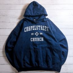 【カレッジロゴ】CHAPEL STREET CHURCH HOODIE チャペルストリートチャーチ ネイビー 紺 ホワイト ロゴプリント カレッジデザイン プルオーバーパーカー 古着 #26389