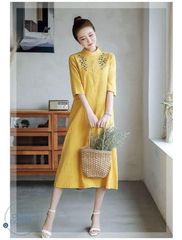 ワンピース スタンドカラー レディース 五分袖 花柄 刺繍 ミモレ丈 ワンピ シャツワンピース 綿麻風 ミモレ丈 5分袖 大きいサイズ 夏服 ゆったり 体型カバー カジュアル ナチュラル 着回しやすい