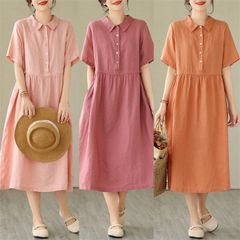 ワンピース シャツワンピース 半袖 レディース 夏 綿麻風 ロングワンピース リネン コットン ミモレ丈 スタンダードカラー 大人可愛い ゆったり 体型カバー 大きいサイズ 着痩せ カジュアル シンプル ファッション