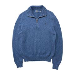USA 古着 POLO RALPH LAUREN ポロ ラルフローレン ハーフジップ コットン ニット セーター ワンポイント メンズM ブルー BJ1117