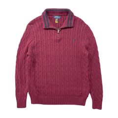 USA 古着 POLO RALPH LAUREN ポロ ラルフローレン ハーフジップ コットン ニット セーター ケーブル編み メンズXL ボルドー QRタグ BJ1115