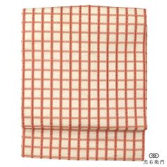 名古屋帯 正絹 九寸名古屋帯 全通柄 白 オレンジ 格子 チェック柄 小粋 長さ352cm 幅30cm 街歩き ランチ お出かけ リサイクル帯 中古帯 仕立て上がり帯 レディース 女性用 着物 即日発送 