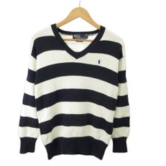 ポロ バイ ラルフローレン Polo by Ralph Lauren ニット セーター 厚手 コットン ボーダー柄 Vネック 長袖 M 白 ホワイト 紺 ネイビー /NP ■ECD009