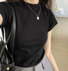 tシャツ 半袖tシャツ レディース 半袖 カットソー Tシャツ クルーネック トップス 春夏 袖短い プチハイネック コットン 綿 無地 フィット感 きれいめ おしゃれ オシャレ レイヤード 重ね着 インナートップス カジュアル