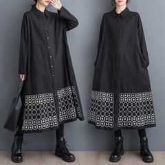 シャツワンピース レディース 長袖 ロングワンピース ワンピース マキシ丈 ゆったり シルエット 体型カバー お出かけ おしゃれ 結婚式 大人 春 夏 秋 通学