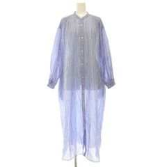 グリーンレーベルリラクシング ユナイテッドアローズ green label relaxing ギャザー シャツワンピース ロング バンドカラー ラメ ストライプ ブルー /MY ■OS