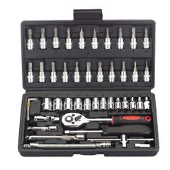 ソケットレンチ ラチェットレンチ 工具セット 差込角6.3㎜(1/4インチ) 46点 スパナ 自動車修理ツール ソケットレンチセット 45ギヤ 車整備 点検 自転車修理 DIY用 便利