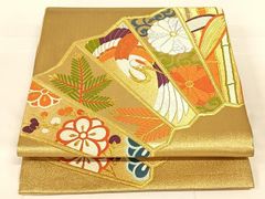 平和屋着物◎六通柄袋帯　唐織　扇面　鳳凰花文　金銀糸　正絹　逸品　AABM9123dk