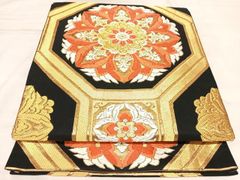 平和屋着物◎六通柄袋帯　唐織　蜀江正倉院花文　黒地　金銀糸　正絹　逸品　AABL6068yx