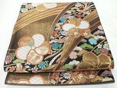 平和屋着物◎六通柄袋帯　唐織　舞花鳳凰松文　黒地　金糸　正絹　逸品　CABM8572nb