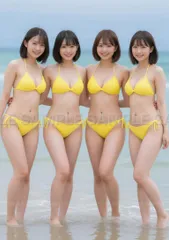 【上質 A4ポスター】美人4人組 海辺 水着 ビキニ ショートヘア 笑顔 清涼感 夏の思い出 #X4DD0