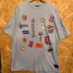 フブ FUBU ハーレム・グローブトロッターズ Tシャツ ライトブルー XL 半袖 コラボ バスケットボール バスケ マルチプリント ランダムロゴ XL ビッグシルエット オーバーサイズ B系 HIPHOP ストリート 古着 90s 00s