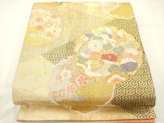 平和屋着物◎佐賀錦　六通柄袋帯　唐織　雪輪花鳥文　金糸　正絹　逸品　AABN0961ps