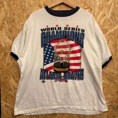 スターター STARTER 90s USA製 MLB アトランタ・ブレーブス 1995 ワールドシリーズ チャンピオン リンガー Tシャツ ホワイト ネイビー XL ビッグシルエット MLB ビンテージ 古着