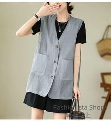 【新品未使用】ジレ 春夏 ジレ ベスト レディース 前開き ジレ フォーマル 夏 綿麻風 綿麻ベスト 薄手 夏服 ノースリーブ 無地 ベスト Vネック トップス ジレベスト 羽織り 袖なし 春夏 