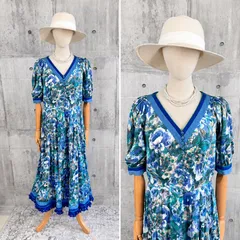 HELENE Strasser 西ドイツ製 花柄ワンピース ブルー系 Vネック 半袖 ヴィンテージ botanical floral vintage dress