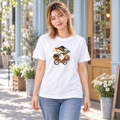 ハロウィン 南瓜ミルクを配る自転車のおばけ 半袖Tシャツ 白