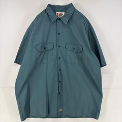 古着 ディッキーズ Dickies 半袖シャツ ワンポイント ワーク ロゴ 胸ポケット 大きいサイズ 2XL  グリーン メンズ