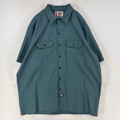 古着 ディッキーズ Dickies 半袖シャツ ワンポイント ワーク ロゴ 胸ポケット 大きいサイズ 2XL  グリーン系 メンズ
